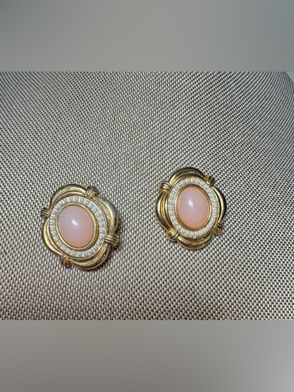 Gold-Tone Pink Cabochon Pearl Accent Clip Earrings